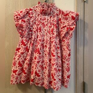 NWT VICTORIA DUNN Jasmine Blouse Pink/red tones with bird floral ruffle design